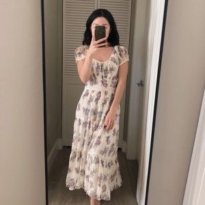 Women's Cream Floral Midi Dress - Elegant Puff Sleeve